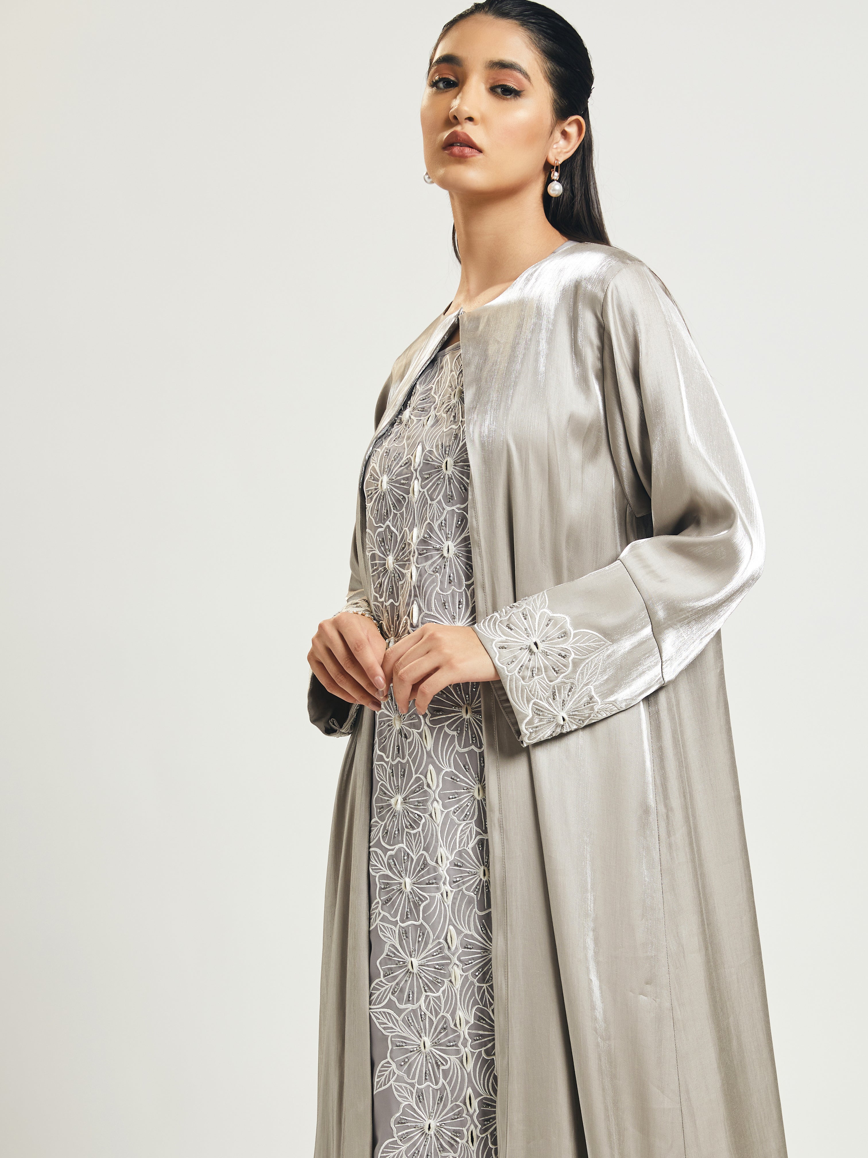 Cut-work Silver Abaya in Silk by Telal Femina Abaya Telal Femina 