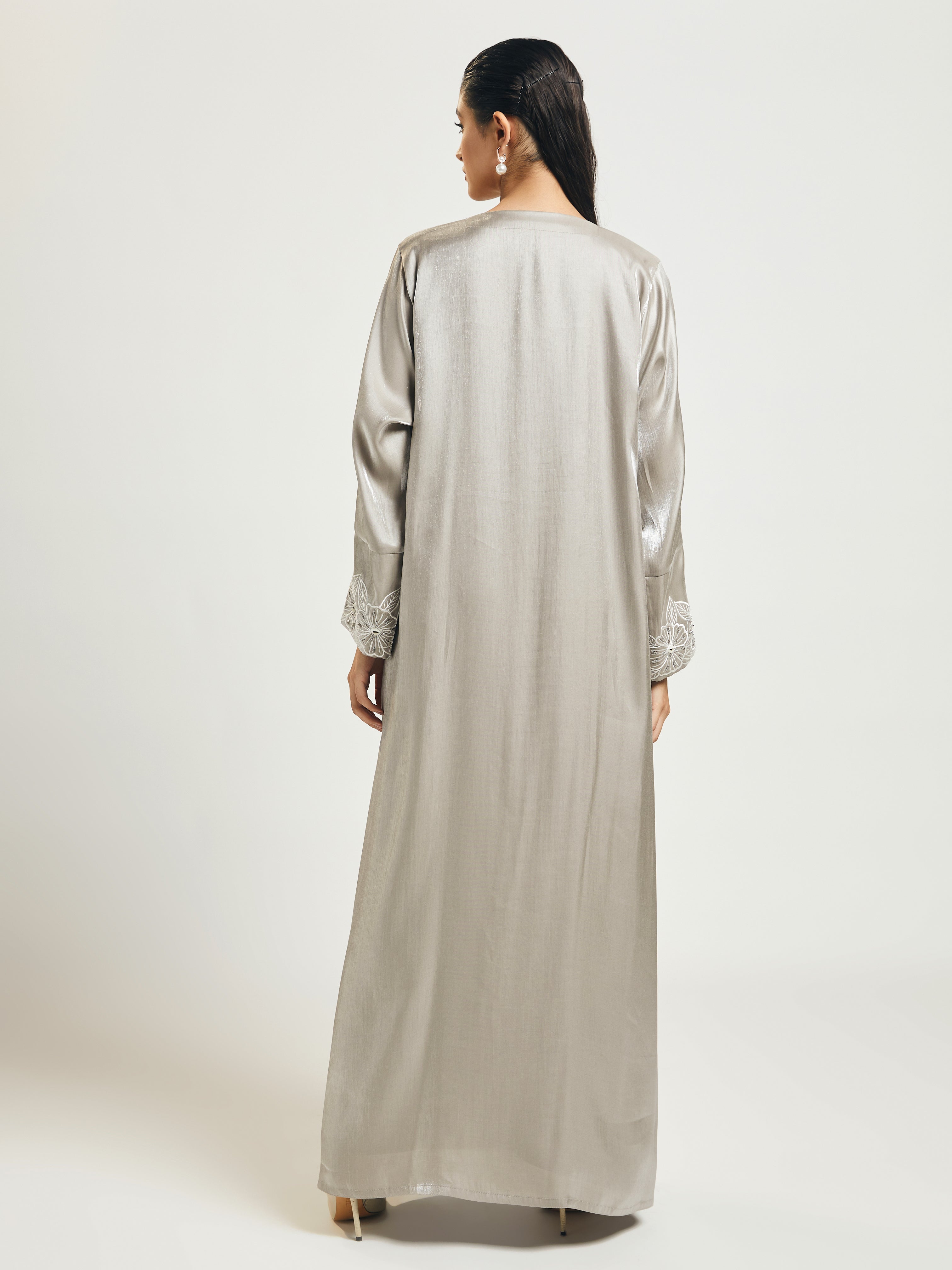 Cut-work Silver Abaya in Silk by Telal Femina Abaya Telal Femina 