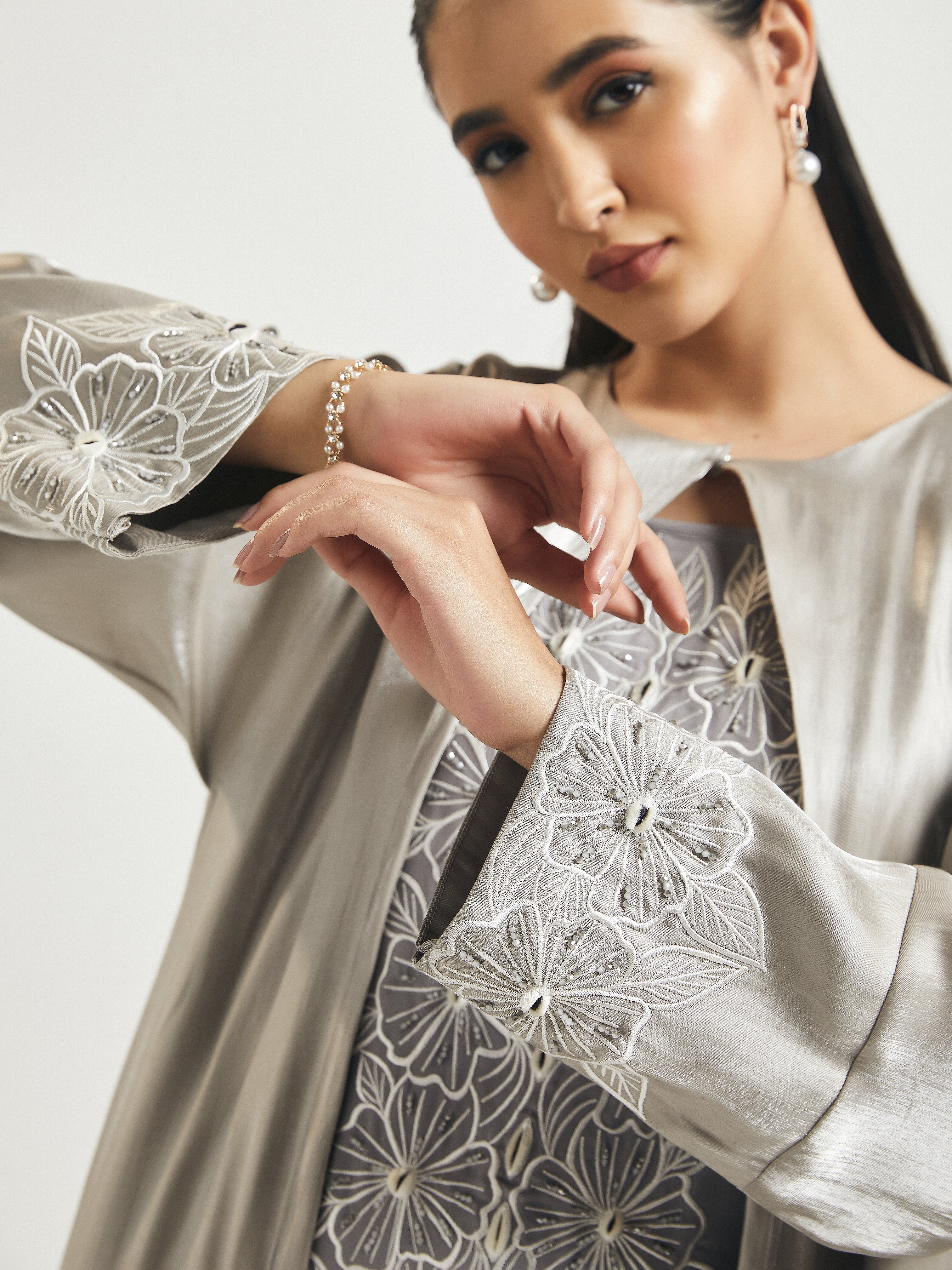 Cut-work Silver Abaya in Silk by Telal Femina Abaya Telal Femina 