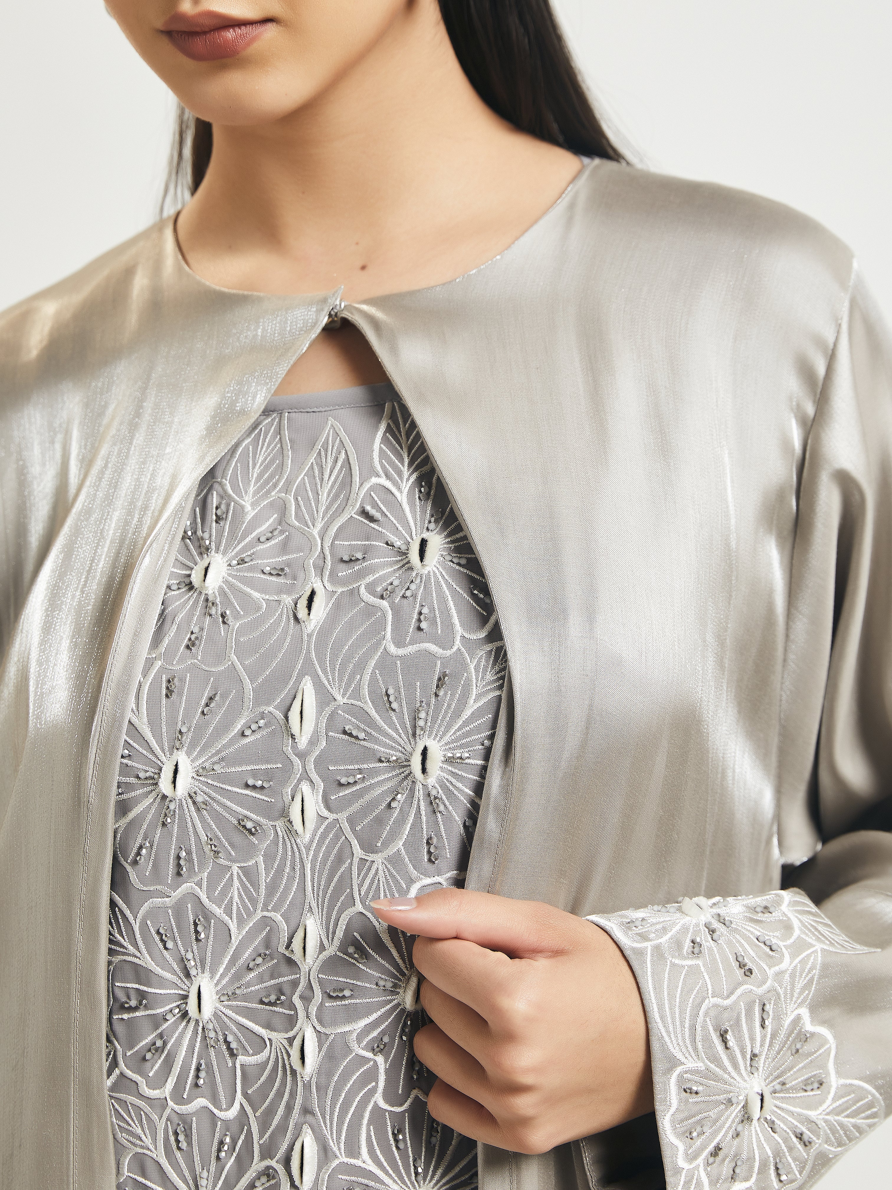 Cut-work Silver Abaya in Silk by Telal Femina Abaya Telal Femina 